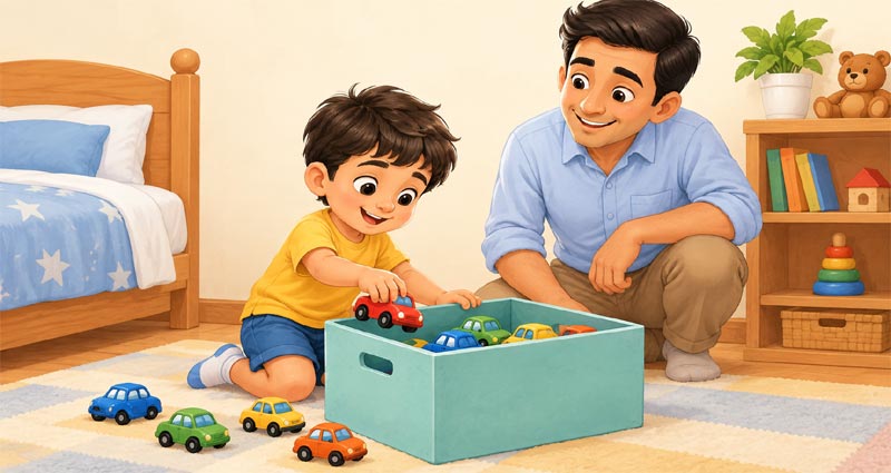 Chintu Puts His Toys Away